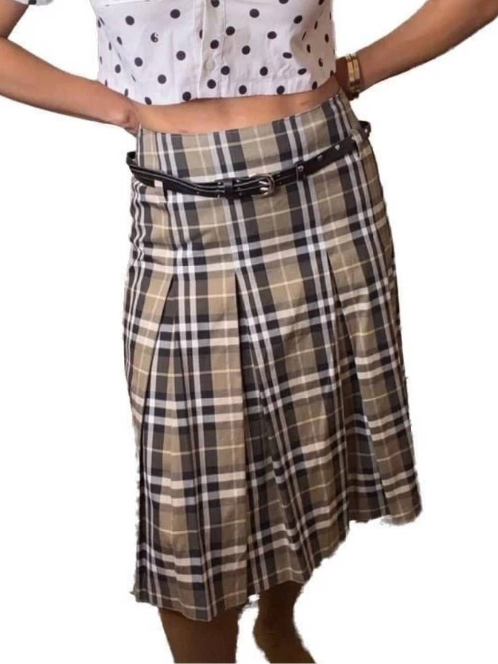 Gerry Weber Tan Plaid Pleated Belted Skirt Size 4 NWT German